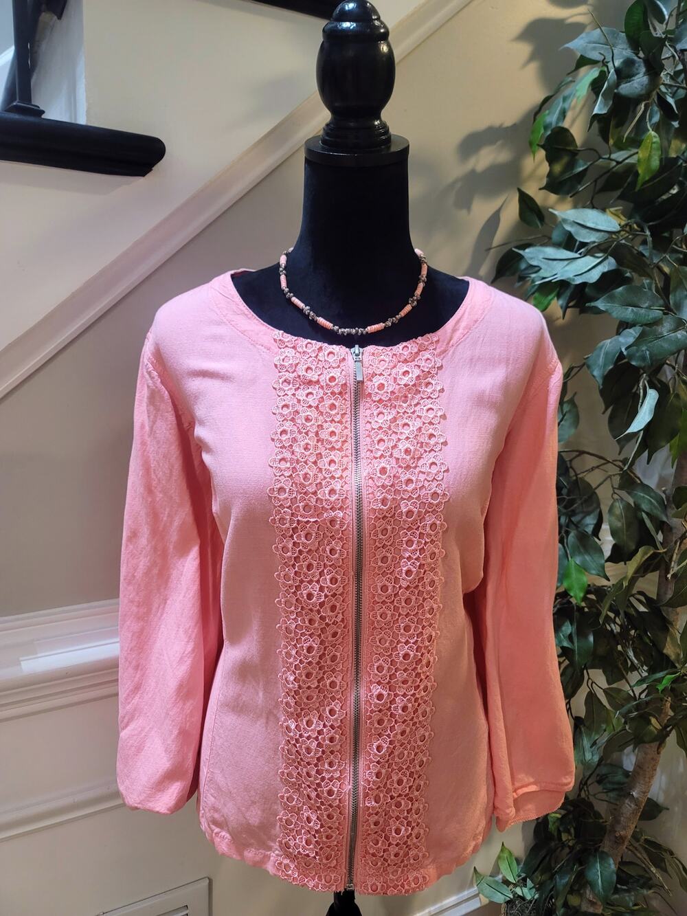 Ruby Rd. Blouse Jacket Women's SZ 18W Pink Crochet Lace Front Zipper Long Sleeve